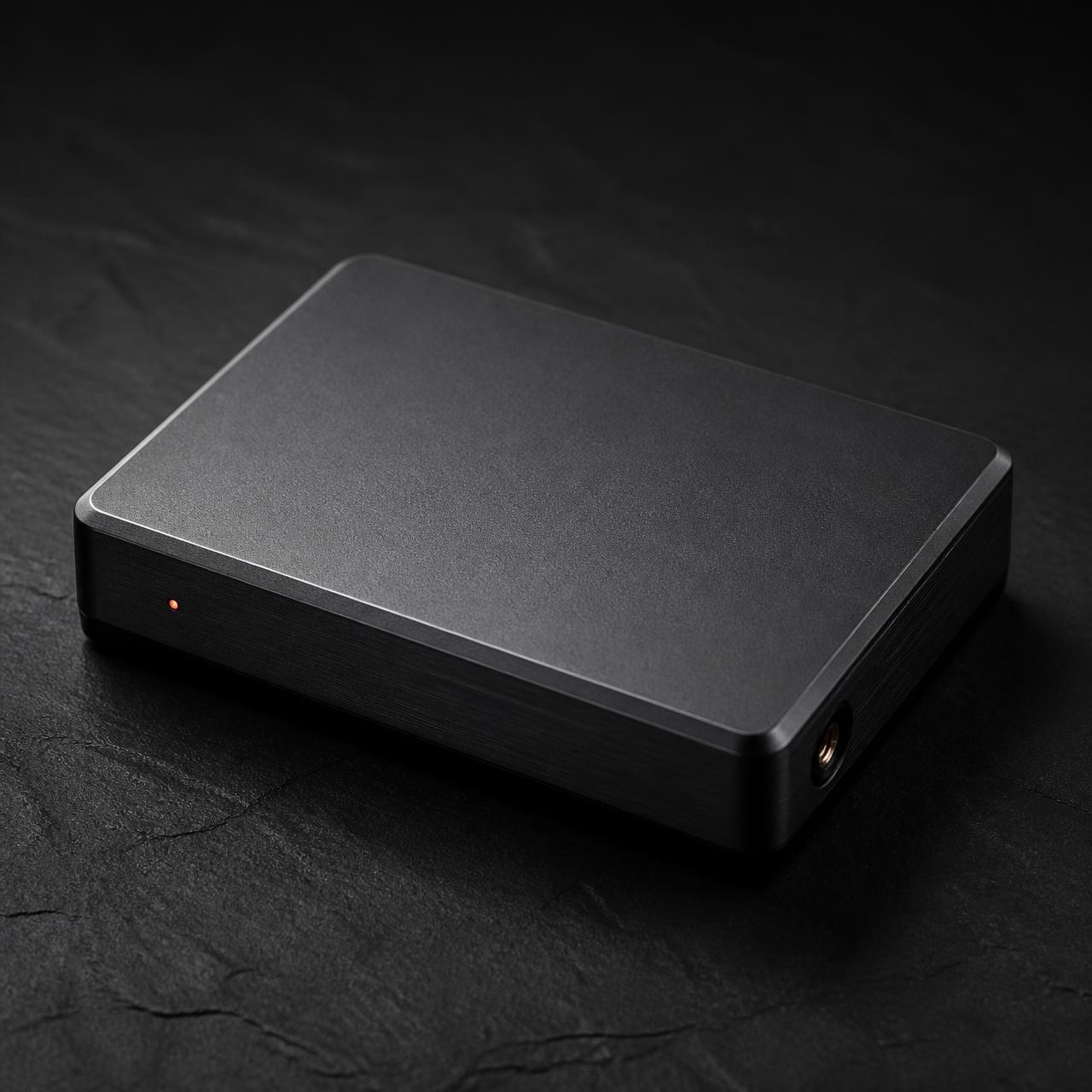 OmniSignal node: a palm-sized matte graphite device with a chamfered metal edge and a single orange status LED